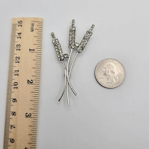 Vintage Silver-Tone Rhinestone Figural Cattail Flower Botanical Brooch Pin - Picture 13 of 13